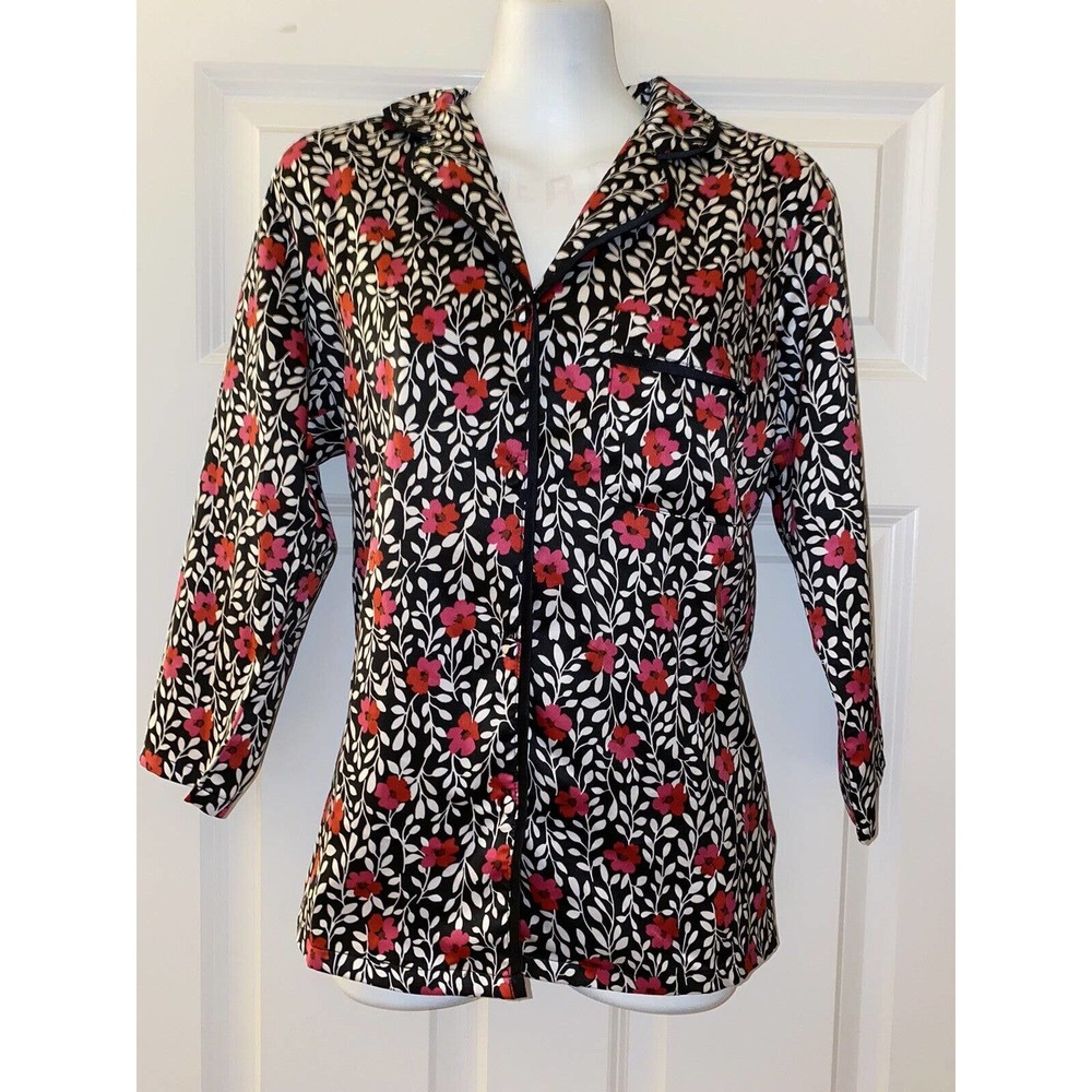 Kate Spade Top ONLY collared button down LS Pajama Top Fuchsia/Red Flower XS EUC